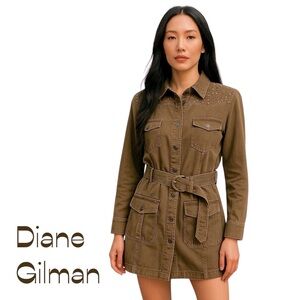 Diane Gilman Distressed Brown Studded Belted Jean Dress Size M